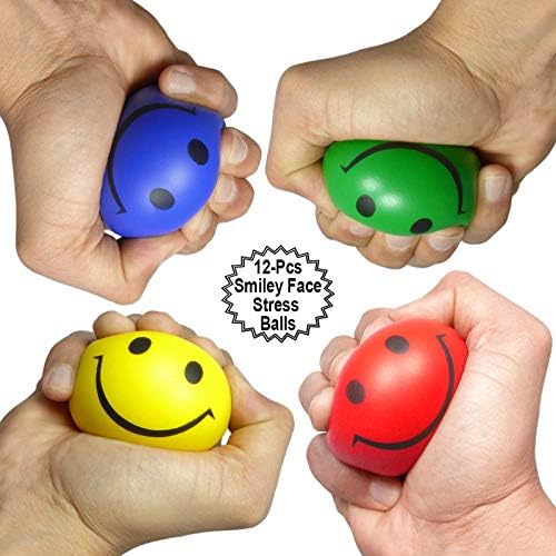 כדורי מתח עם פנים מאושרות 12 יח '| כדורים צבעוניים בגודל 2.5 אינץ 'עם חיוך | טיפול בסחיטת כדורים מחייכים